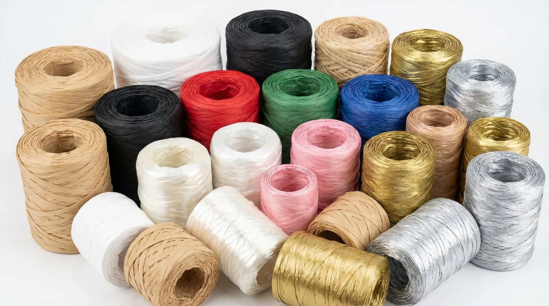 Assorted raffia ribbon spools in multiple colors and finishes for gift packaging