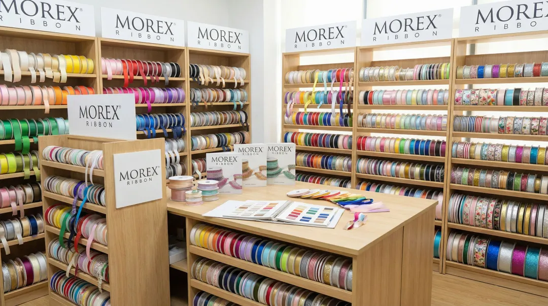 Morex Ribbon product display showing grosgrain satin and specialty printed ribbon styles
