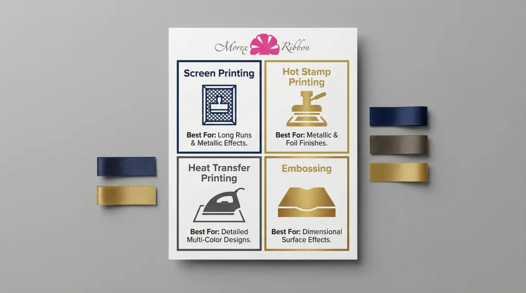 Four custom ribbon printing methods comparison screen digital hot stamp heat transfer