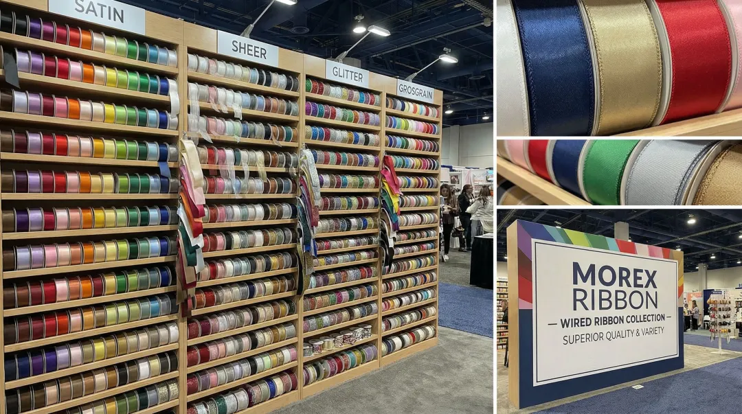 Morex Ribbon wired ribbon product range showing multiple styles colors and widths