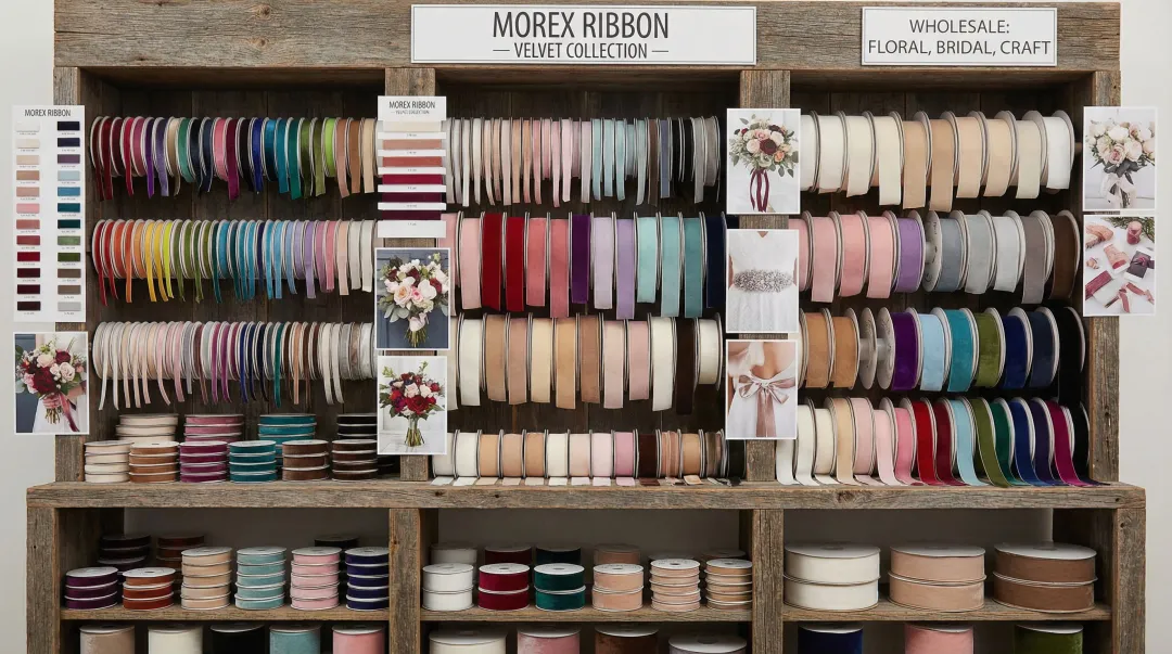 Morex Ribbon velvet ribbon collection showing multiple widths and colors on spools