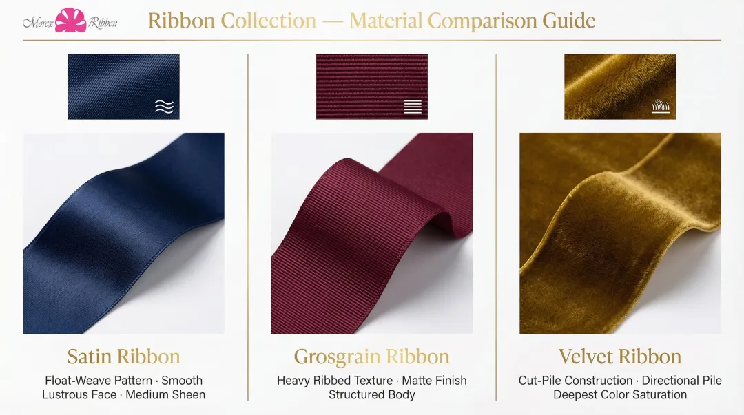 Satin grosgrain and velvet ribbon types side-by-side comparison infographic