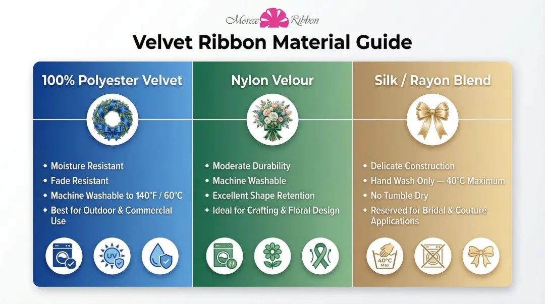 Velvet ribbon material comparison polyester nylon silk rayon durability and washability chart