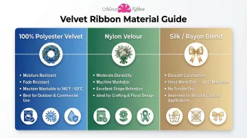 Velvet ribbon material comparison polyester nylon silk rayon durability and washability chart