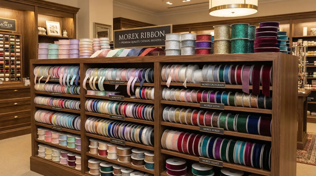 Morex Ribbon wholesale grosgrain satin and wired ribbon product catalog display