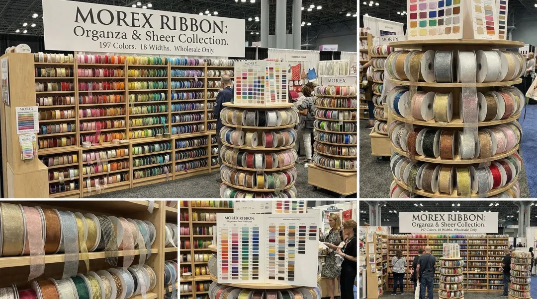 Morex Ribbon wholesale organza ribbon display showing color and width variety