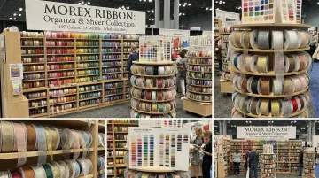 Morex Ribbon wholesale organza ribbon display showing color and width variety