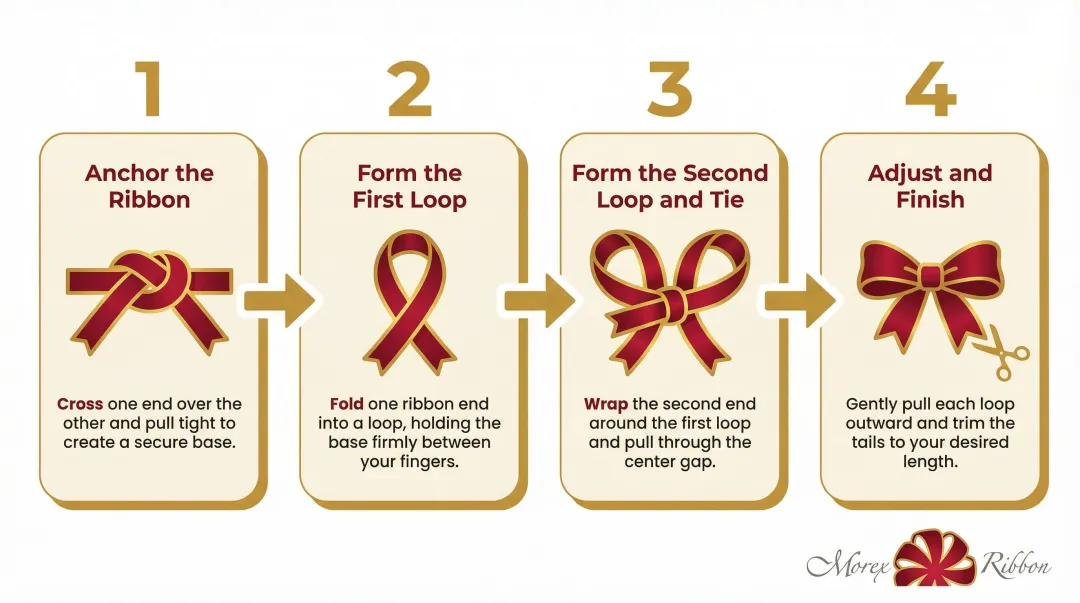 4-step classic ribbon bow tying process flow infographic