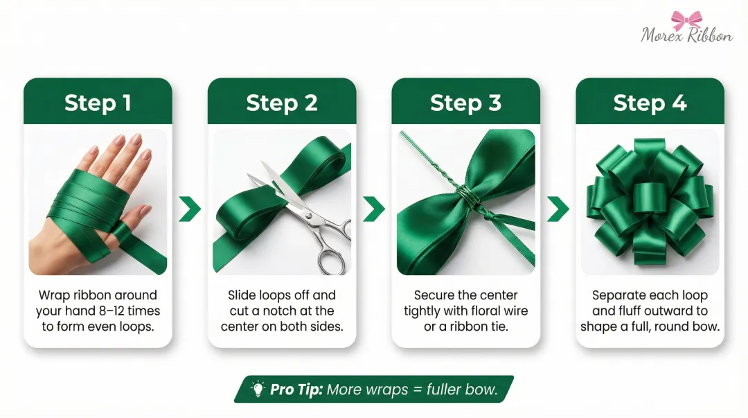 4-step puffy multi-loop ribbon bow method with wrapping and fluffing instructions