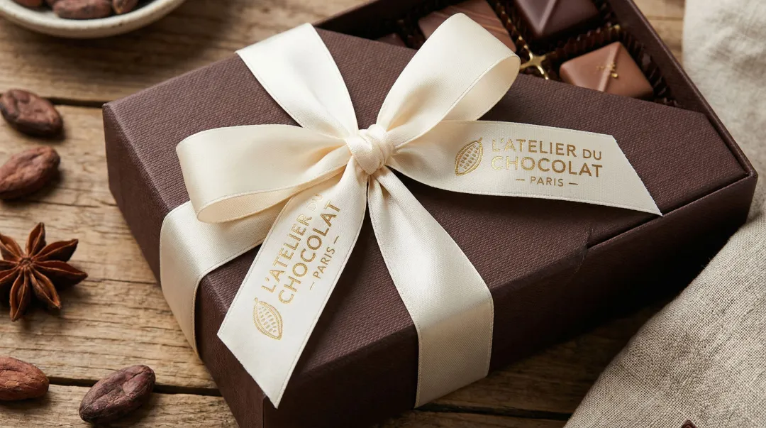 Custom hot-stamped branded ribbon on luxury confectionery chocolate gift box