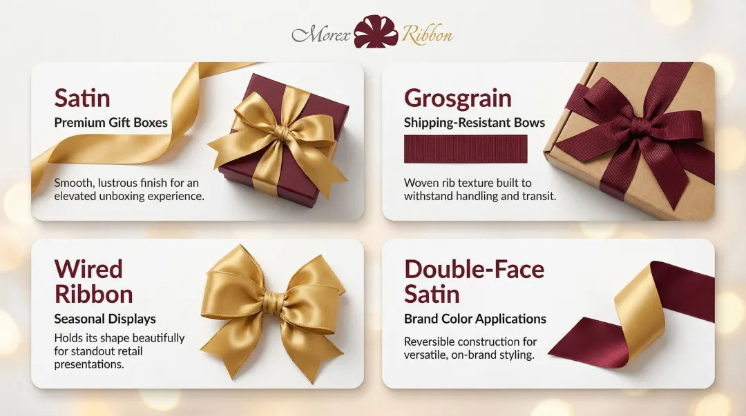 Four confectionery ribbon types comparison satin grosgrain wired double-face satin