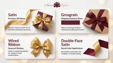 Four confectionery ribbon types comparison satin grosgrain wired double-face satin