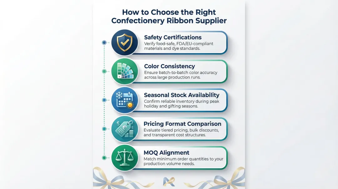 Five-step confectionery ribbon supplier evaluation checklist process infographic