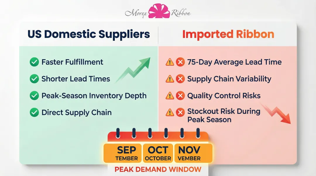 Domestic versus imported Christmas ribbon lead time comparison infographic