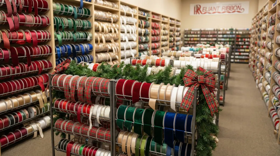 Wholesale ribbon showroom displaying large assortment of holiday ribbon styles