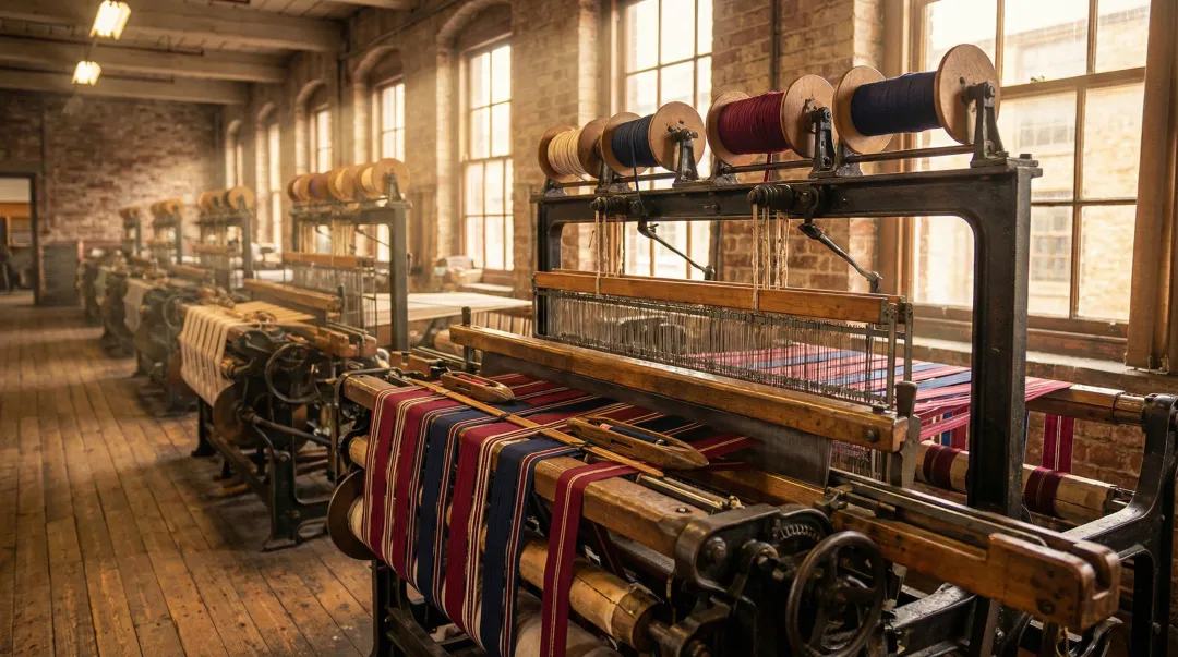 Vintage textile manufacturing machinery producing fabric ribbon in US mill