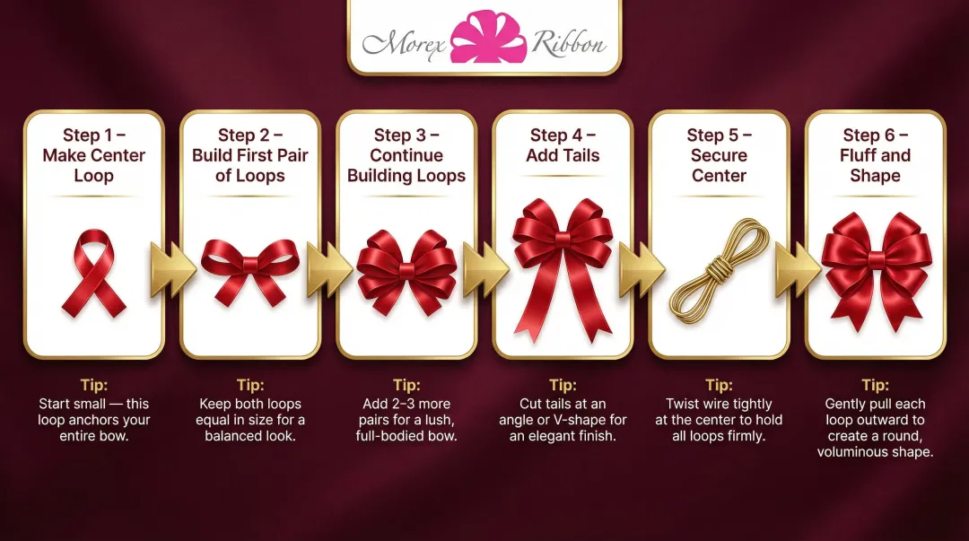6-step wired ribbon bow making process flow from center loop to fluffing