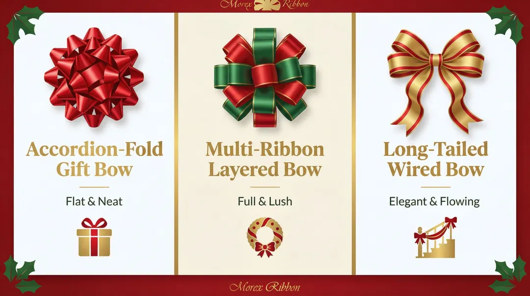 Three wired ribbon bow style variations accordion layered and long-tailed compared