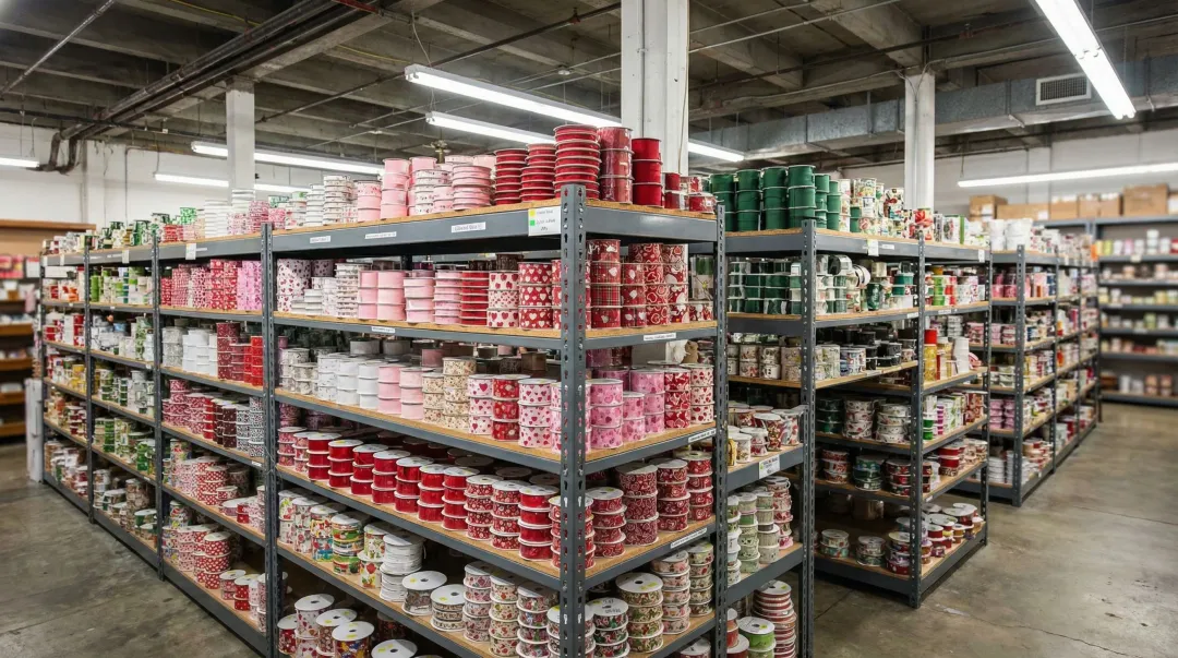 Wholesale bulk ribbon rolls stacked in commercial packaging supply warehouse