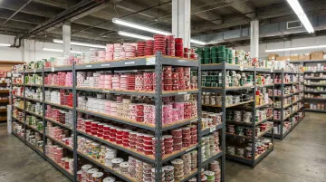 Wholesale bulk ribbon rolls stacked in commercial packaging supply warehouse