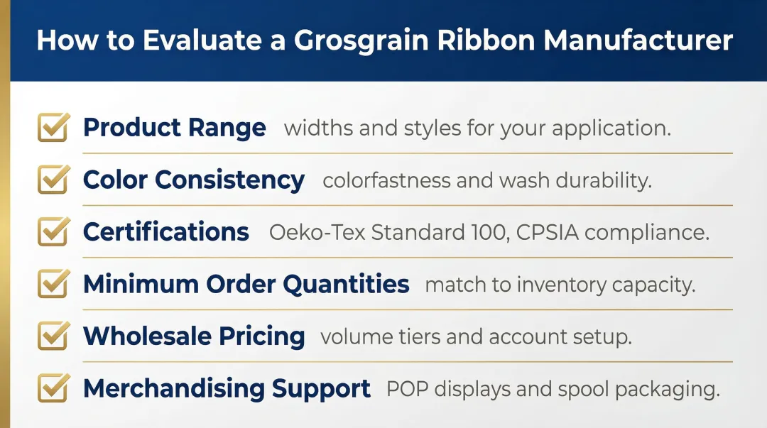Six-factor grosgrain ribbon supplier evaluation checklist infographic for US buyers