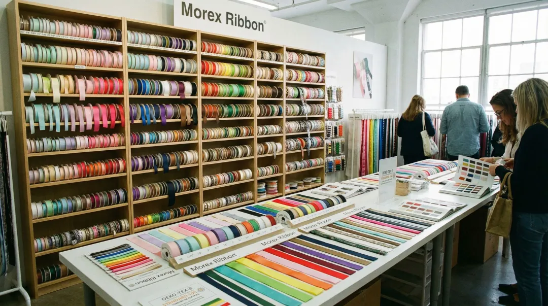 Morex Ribbon wholesale grosgrain catalog showing multiple widths and certified color options