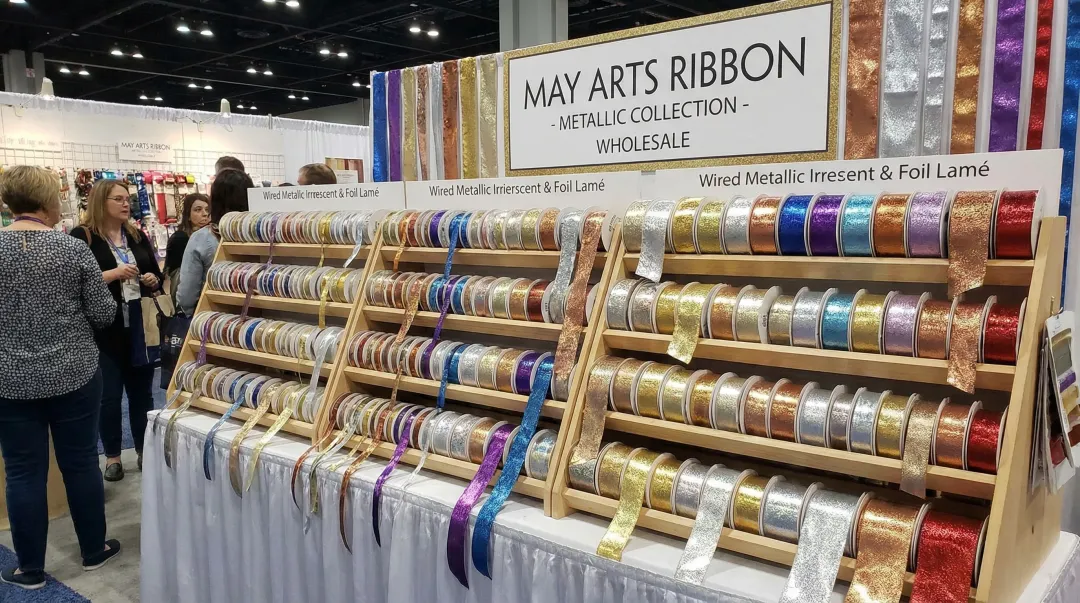 May Arts Ribbon wholesale catalog showing wired metallic iridescent ribbon width variety