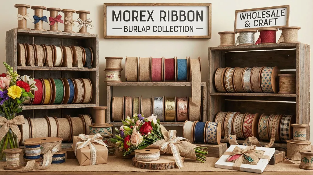 Morex Ribbon wholesale burlap ribbon catalog displaying multiple widths and color options