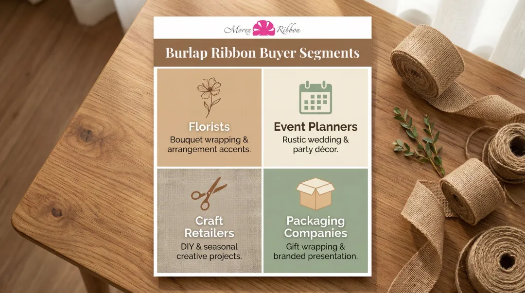 Four burlap ribbon buyer segments florists crafters event planners packagers infographic