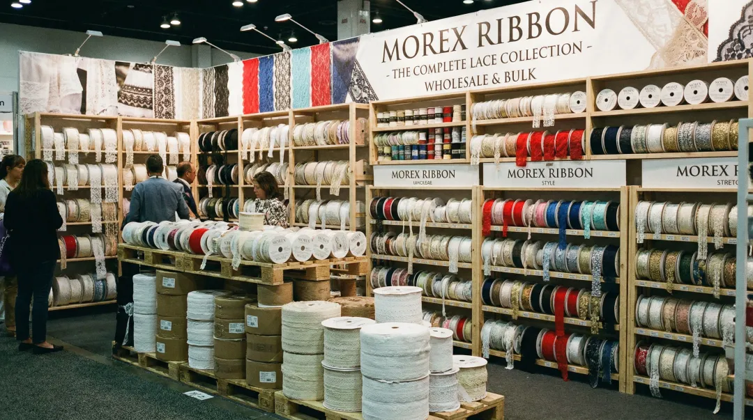 Morex Ribbon wholesale lace ribbon collection showing multiple widths colors and spool formats