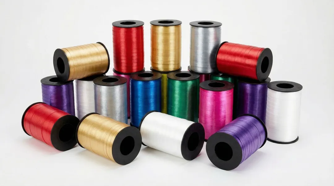 Wholesale polypropylene curling ribbon spools in assorted colors on display