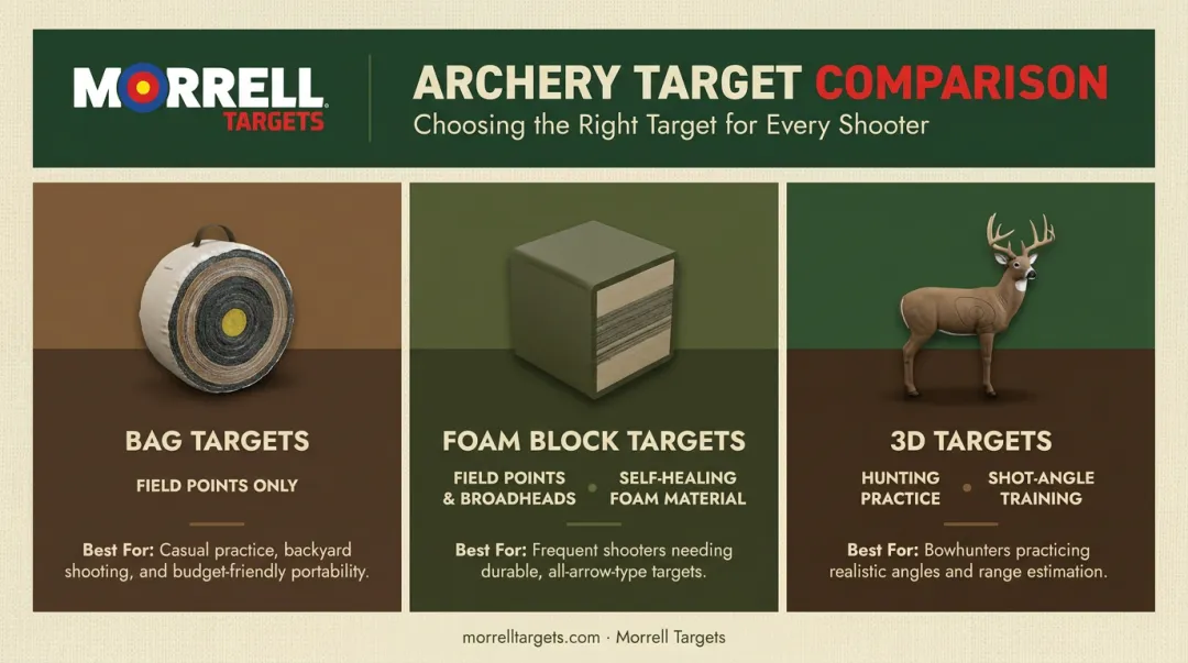 Comparison of bag foam block and 3D archery target types 2026