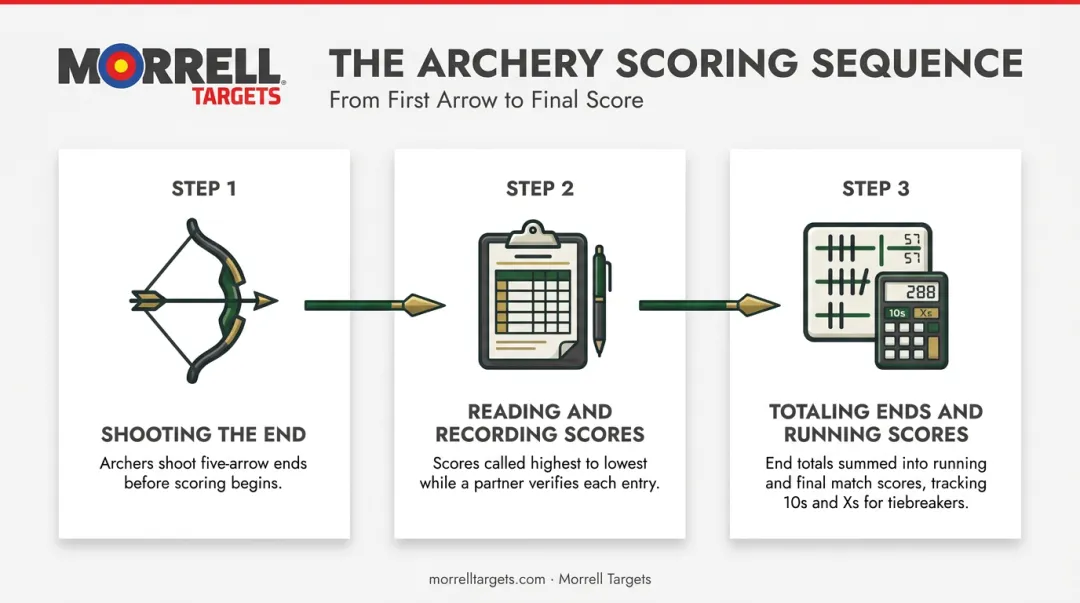 Three-step archery scoring process from shooting to final totals