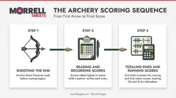 Three-step archery scoring process from shooting to final totals