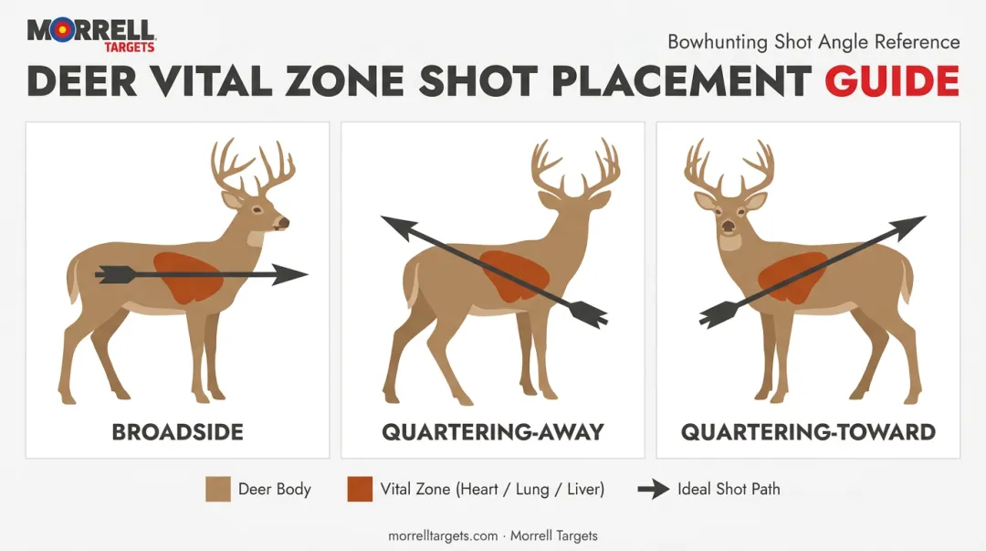 Deer vital zone target area shown at three shooting angles