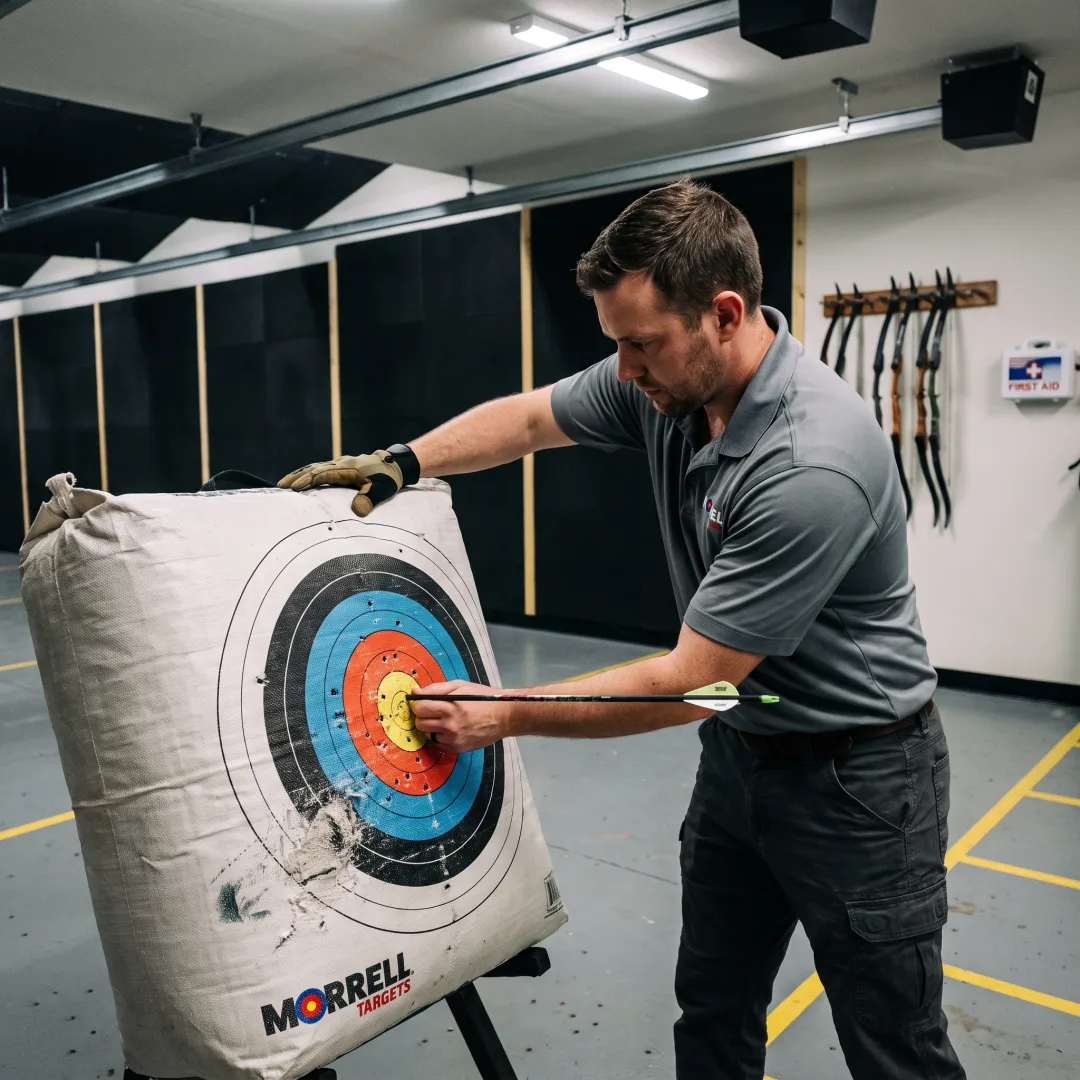 Archer removing arrows from a bag target
