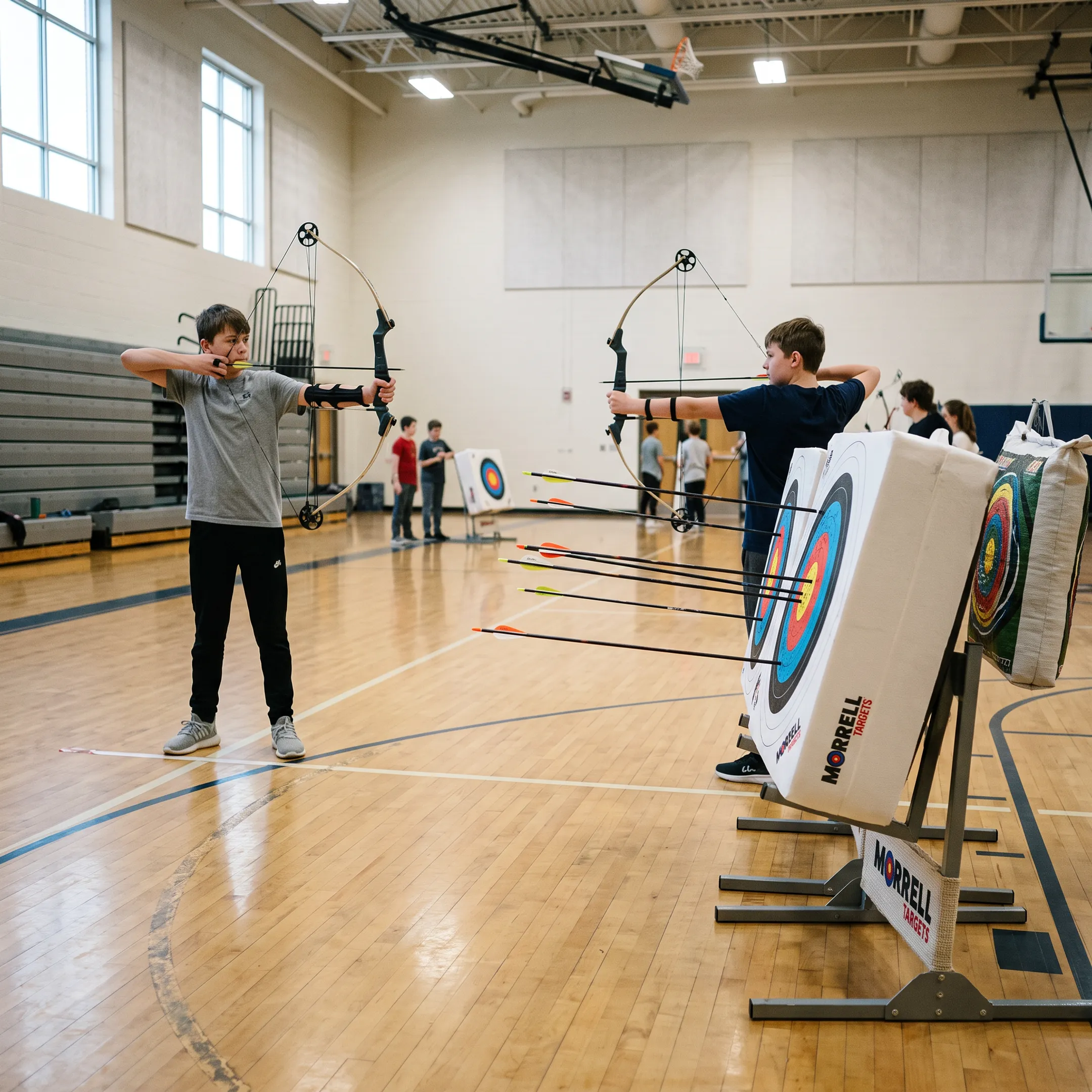 Youth archers practicing with school archery targets