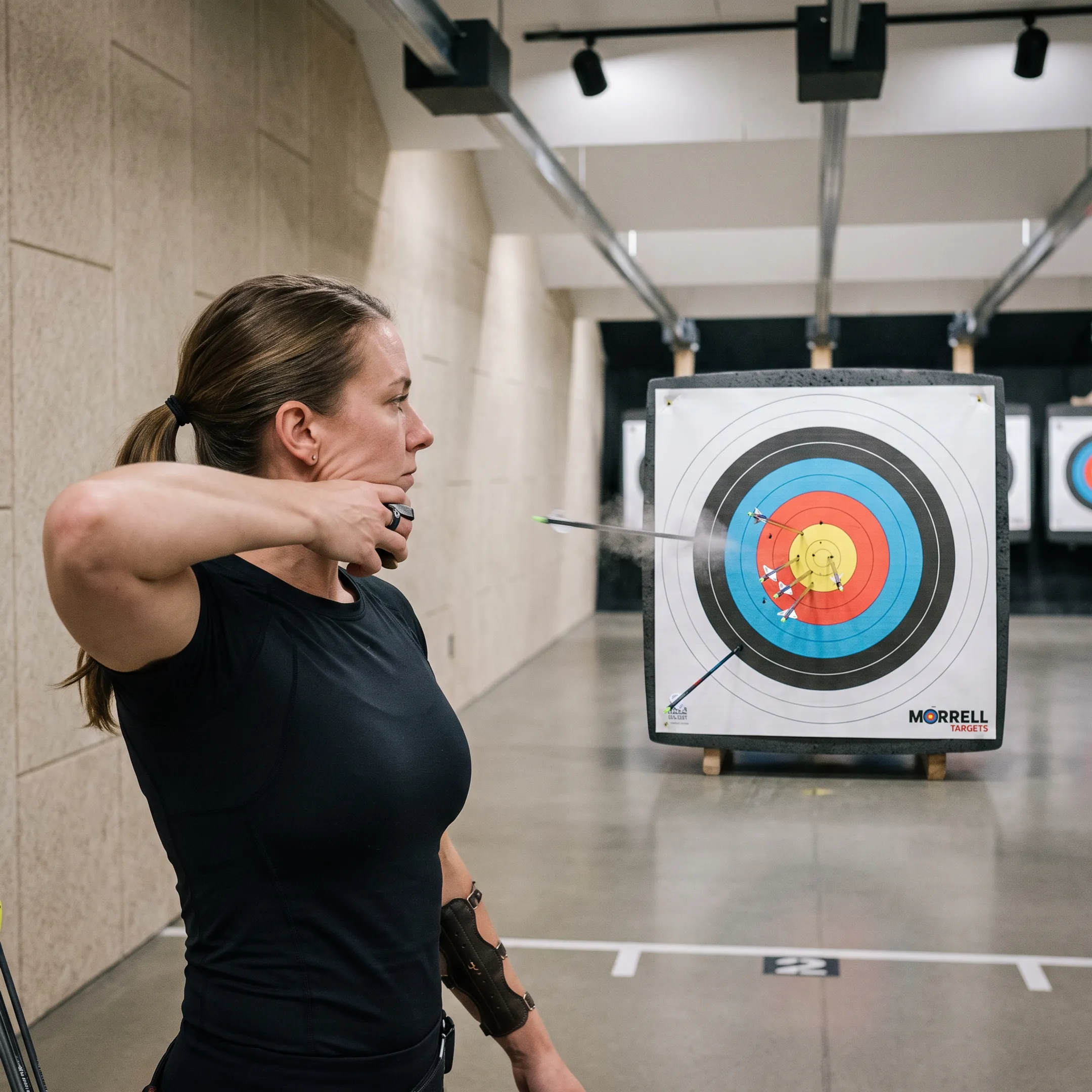 Competitive archer practicing with scoring target