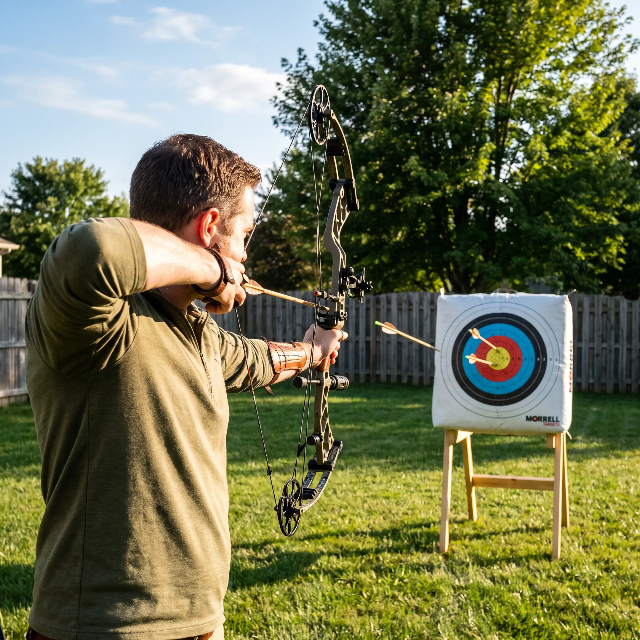Recreational archer shooting at backyard target