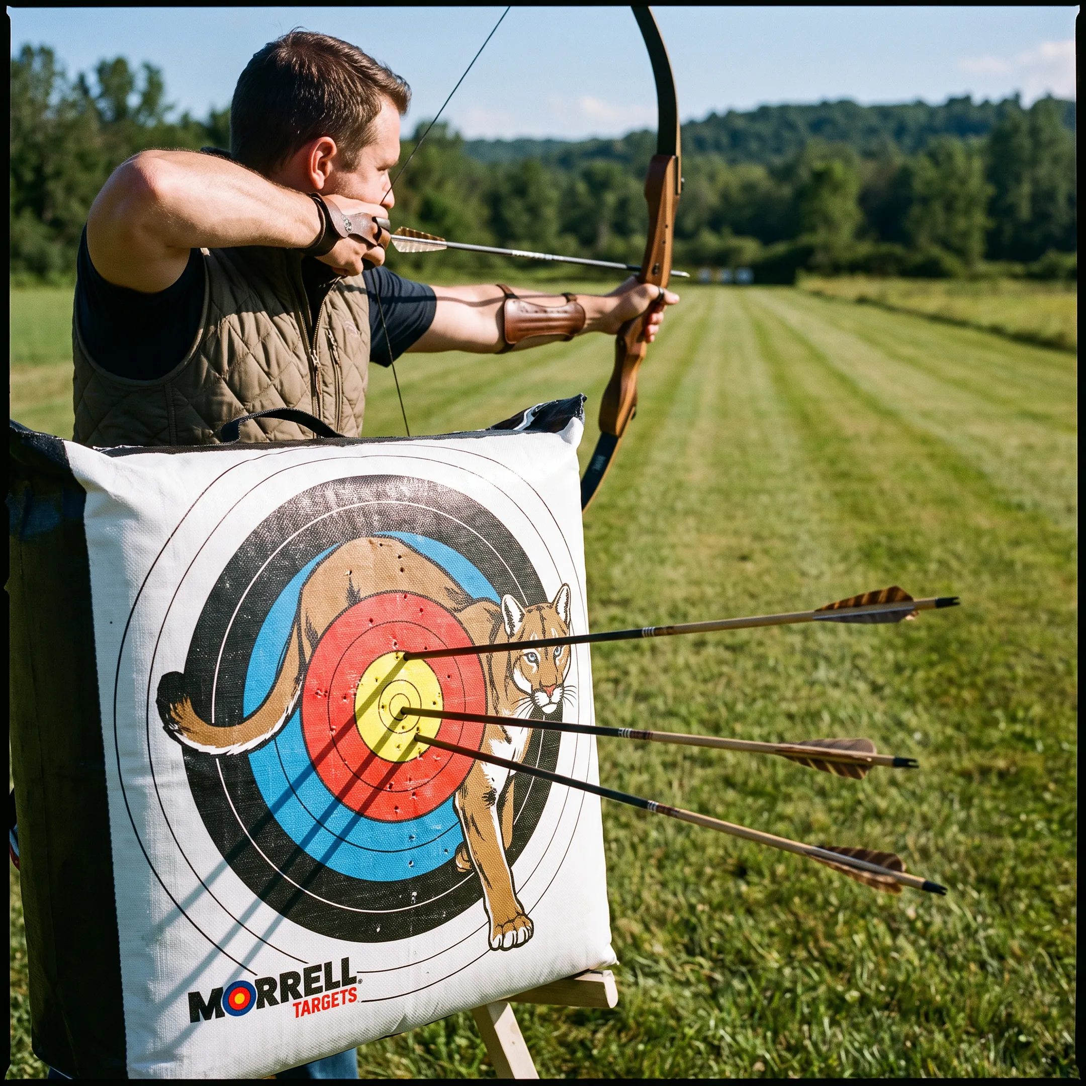 Competitive archer shooting at target
