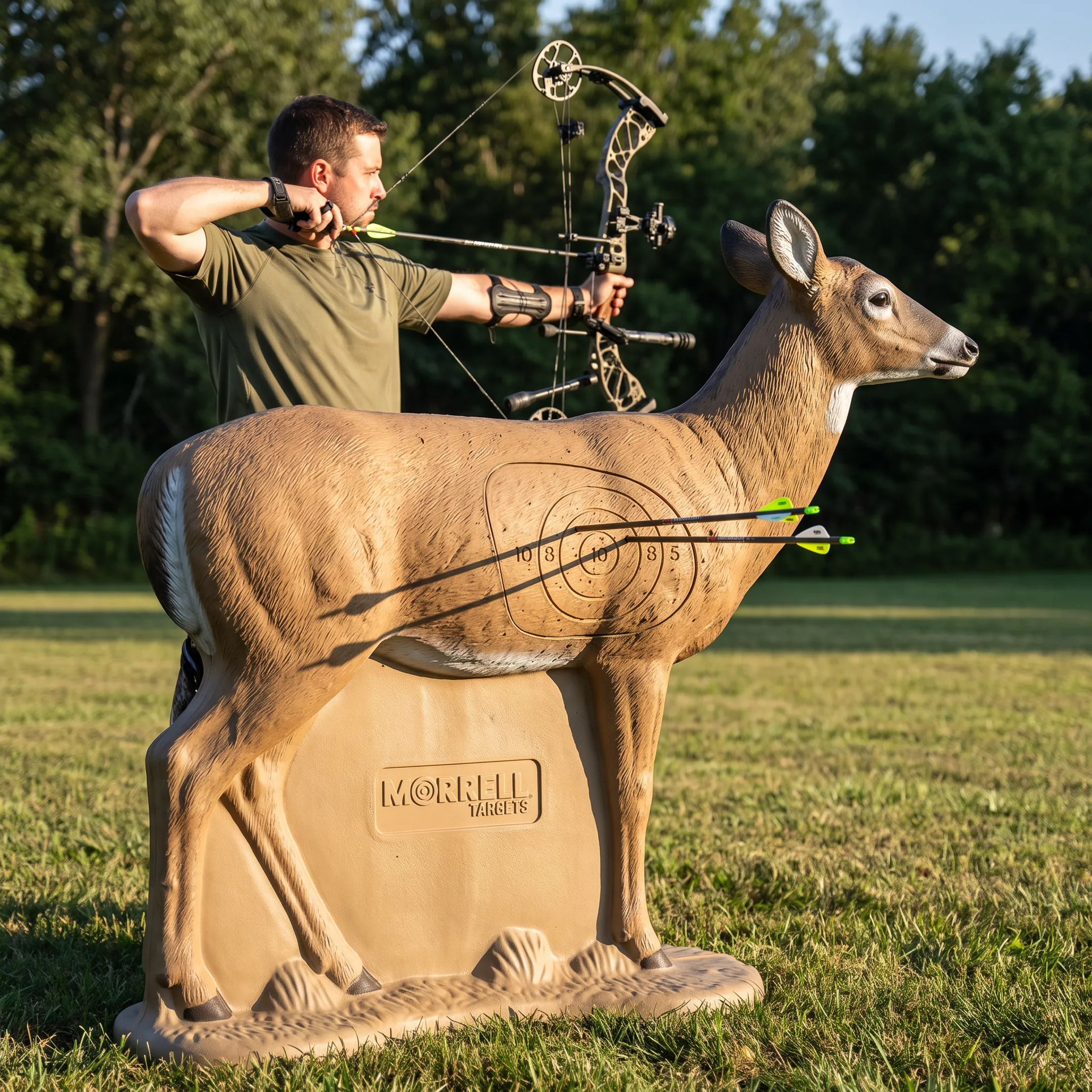 Competitive archer aiming at 3D deer target