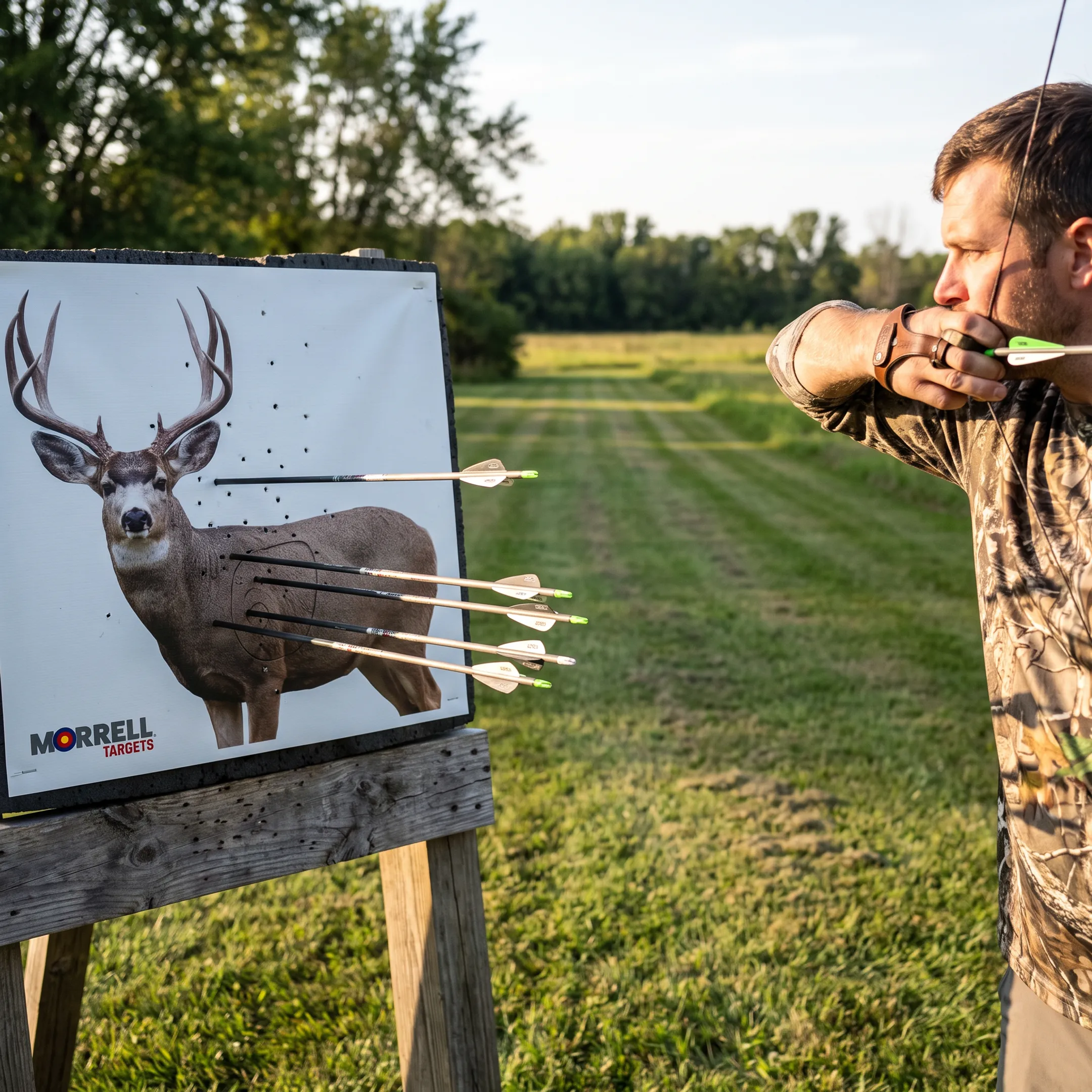 Bowhunter practicing with Mule Deer target
