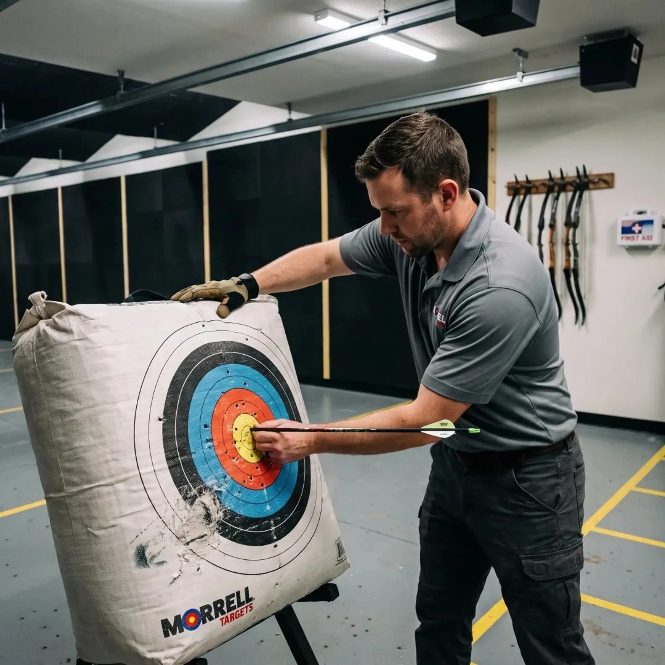 Archer removing arrows from a bag target