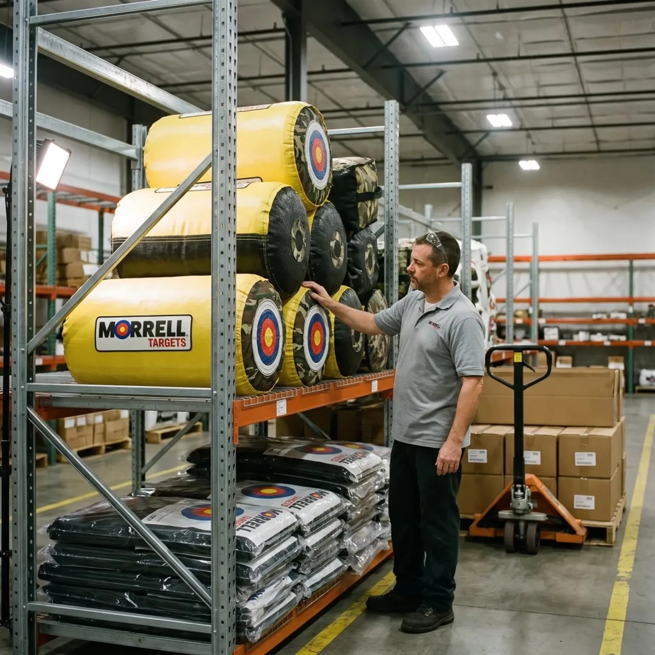 Retailer reviewing archery target inventory