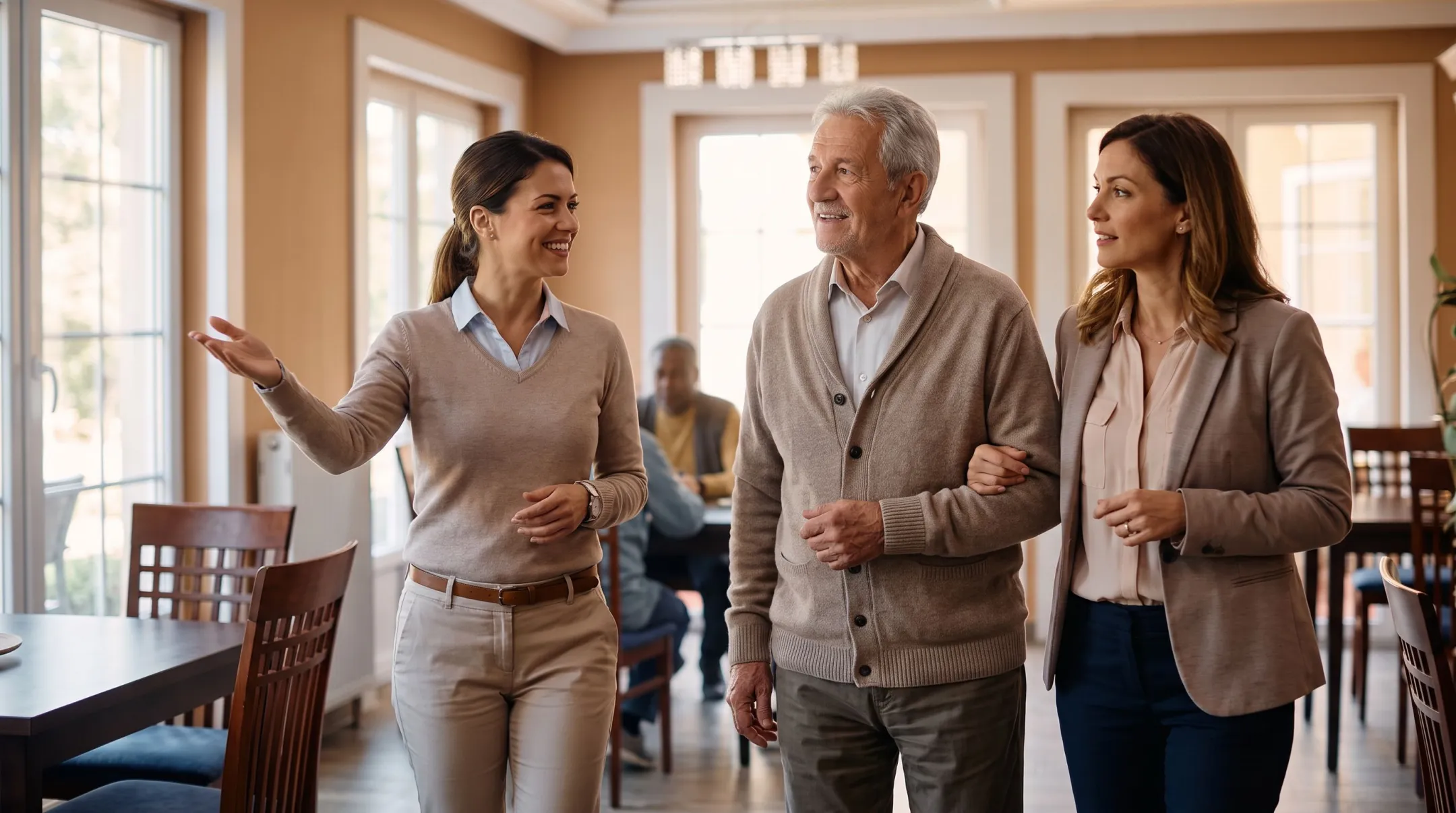 Family touring an assisted living community with staff member guide