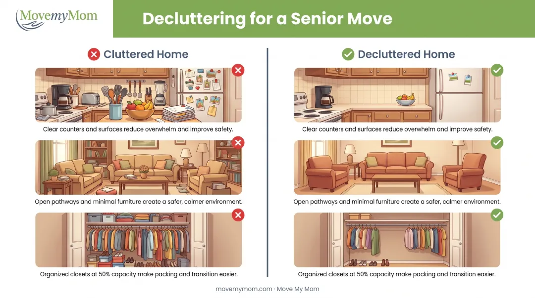 Before and after comparison of cluttered versus decluttered home interior rooms