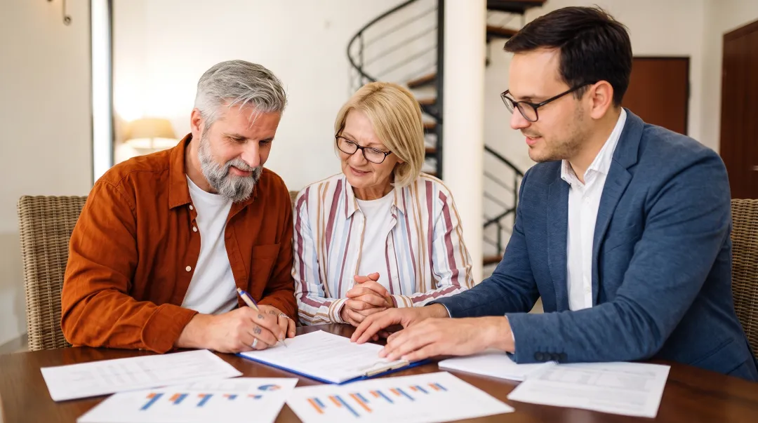 Senior couple reviewing financial documents with real estate agent discussing reverse mortgage options