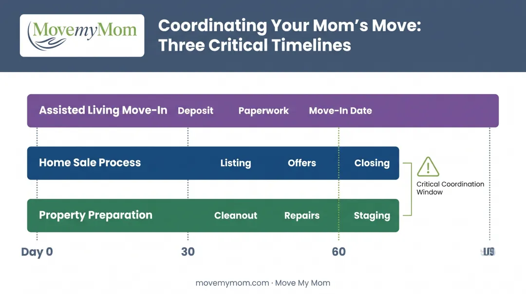 Three-timeline coordination diagram for assisted living move and home sale synchronization