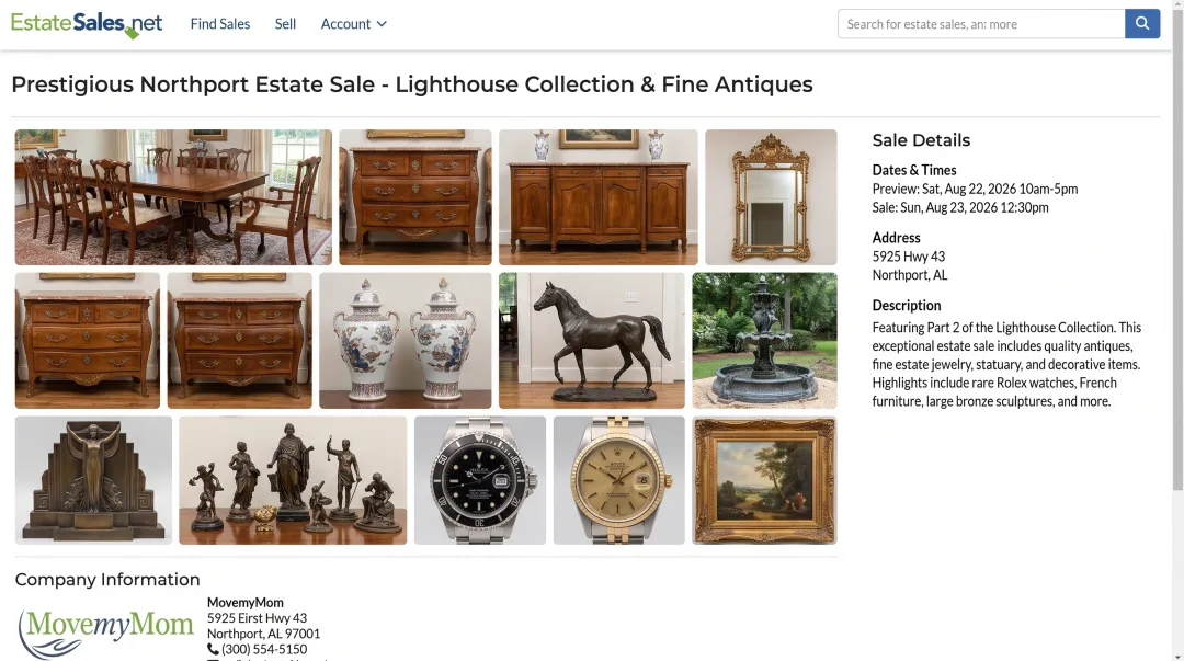EstateSales.net website listing showing professional estate sale advertisement with photos and details
