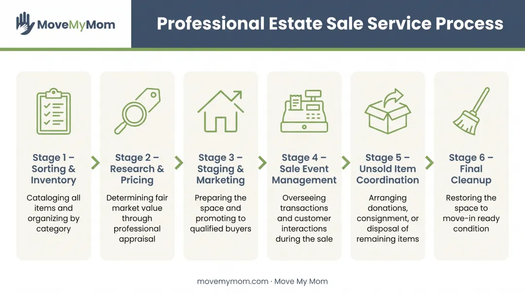 6-step estate sale process flow from inventory to final cleanup and payment